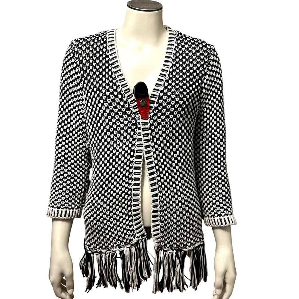 Chicos Black White Fringed Open Front Knit Cardigan Sweater 3/4 Sleeves Size 1
